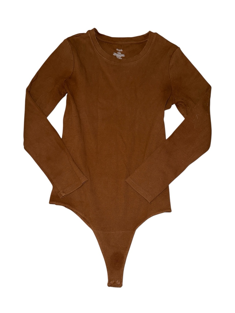 nuuds Long Sleeve Ribbed Crewneck Bodysuit L Brown Cotton Thong Snap